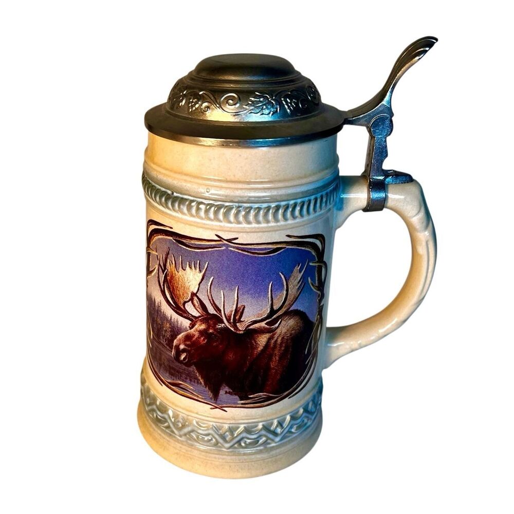 Vtg GERZ Germany Pewter Lidded Stein Features Moose Artwork By James A. Meager